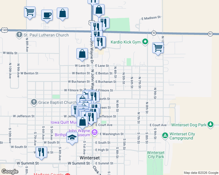 map of restaurants, bars, coffee shops, grocery stores, and more near 301 East Filmore Street in Winterset