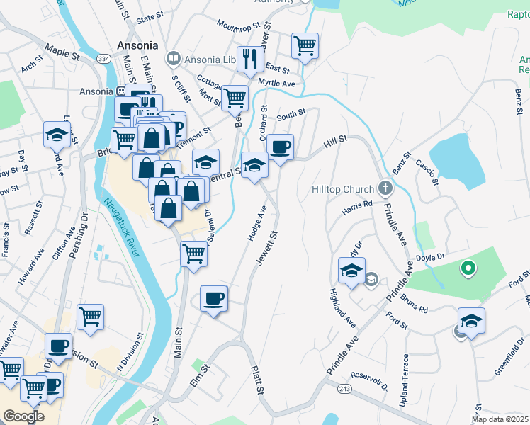 map of restaurants, bars, coffee shops, grocery stores, and more near 186 Hodge Avenue in Ansonia