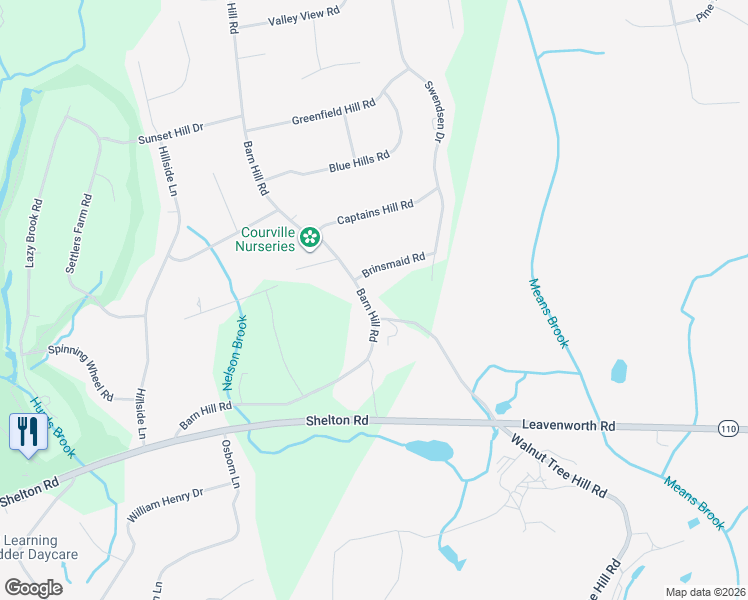 map of restaurants, bars, coffee shops, grocery stores, and more near 128 Barn Hill Road in Monroe