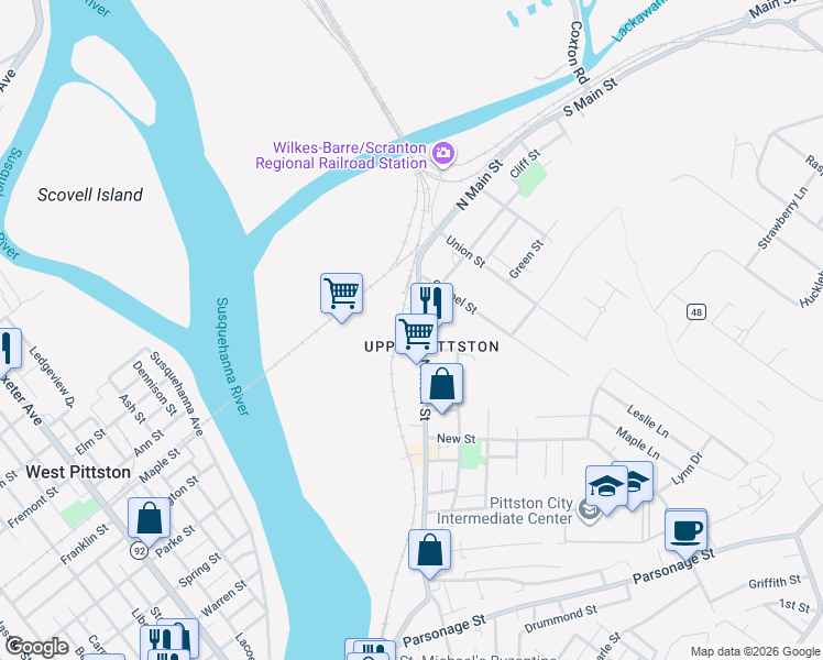 map of restaurants, bars, coffee shops, grocery stores, and more near 580 N Main St in Pittston