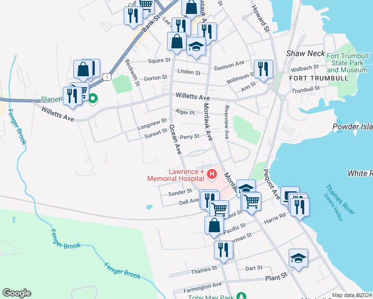 map of restaurants, bars, coffee shops, grocery stores, and more near 39 Bellevue Place in New London