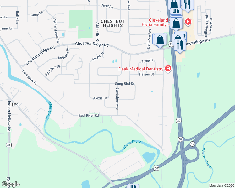 map of restaurants, bars, coffee shops, grocery stores, and more near 334 Sandpiper Avenue in Elyria