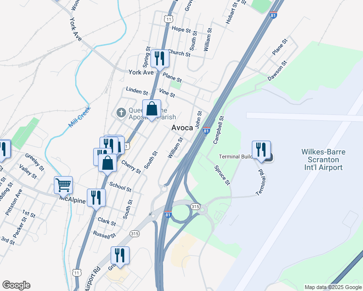map of restaurants, bars, coffee shops, grocery stores, and more near 720 John St in Avoca