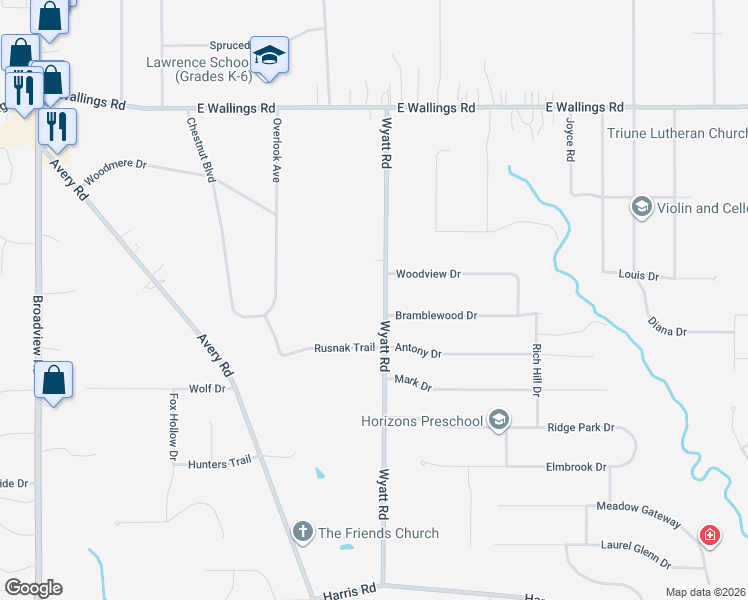 map of restaurants, bars, coffee shops, grocery stores, and more near 8352 Wyatt Road in Broadview Heights