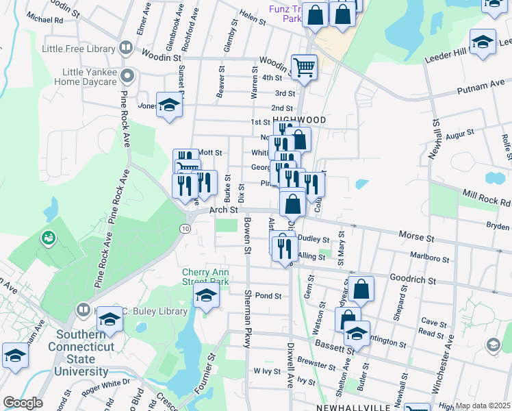 map of restaurants, bars, coffee shops, grocery stores, and more near 55 Arch Street in Hamden