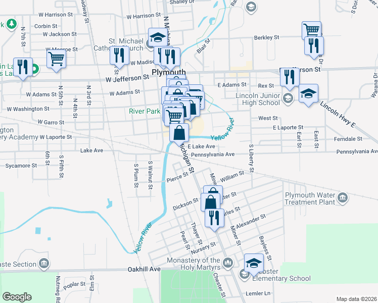 map of restaurants, bars, coffee shops, grocery stores, and more near 200 South Michigan Street in Plymouth