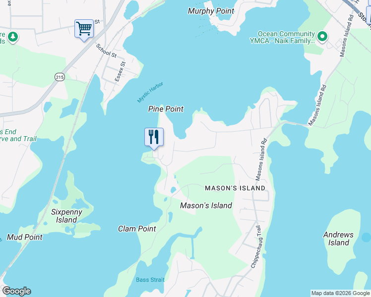 map of restaurants, bars, coffee shops, grocery stores, and more near 102 Old North Road in Stonington