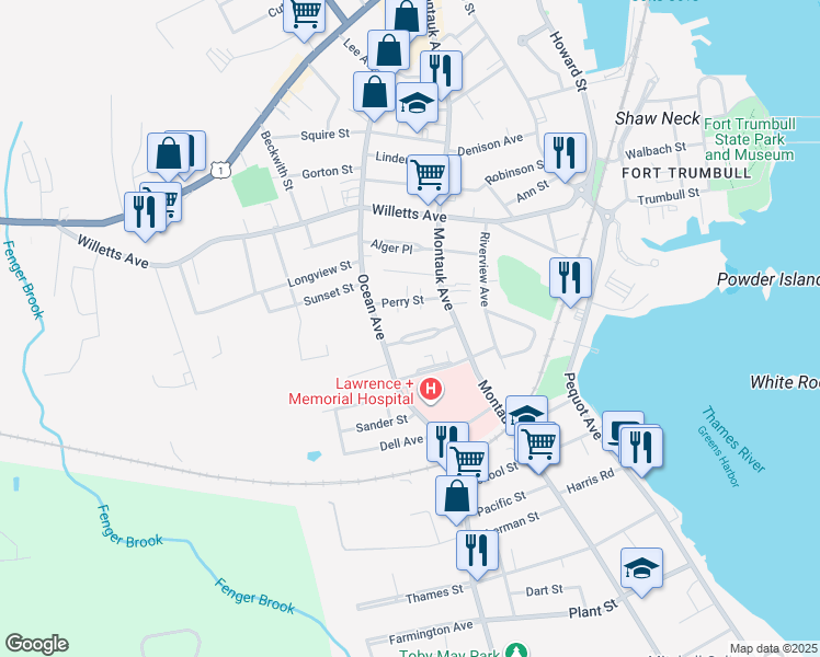map of restaurants, bars, coffee shops, grocery stores, and more near 39 Bellevue Place in New London