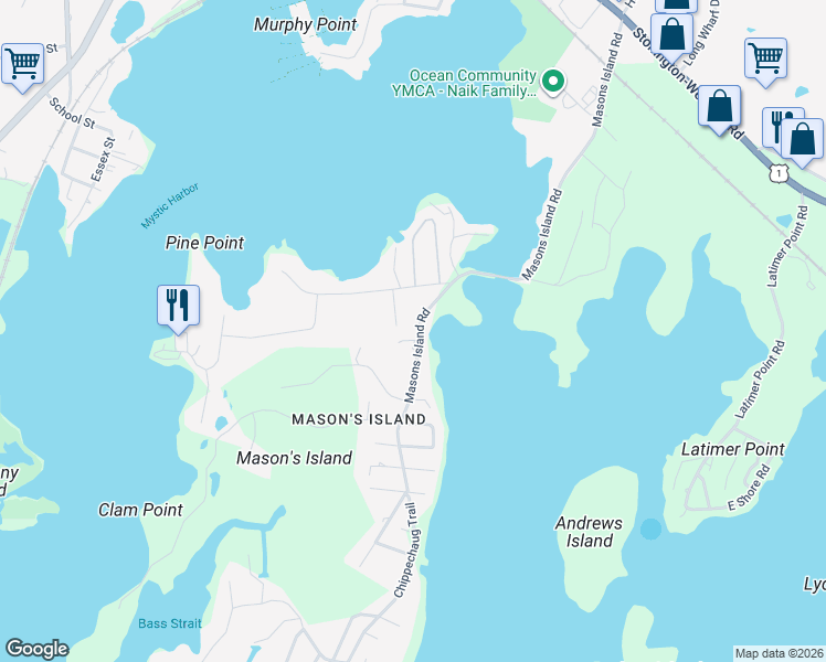 map of restaurants, bars, coffee shops, grocery stores, and more near 180 Masons Island Road in Stonington