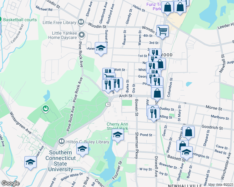 map of restaurants, bars, coffee shops, grocery stores, and more near 141 Arch Street in Hamden