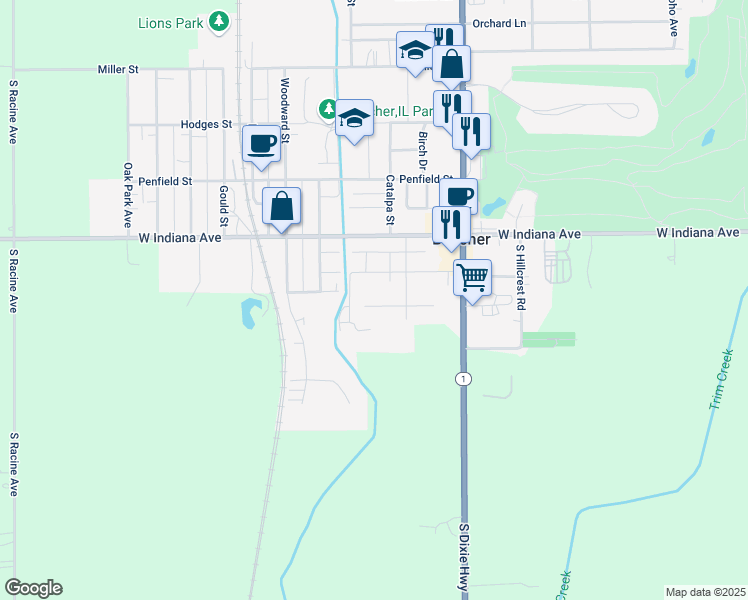 map of restaurants, bars, coffee shops, grocery stores, and more near 641 Melrose Lane in Beecher