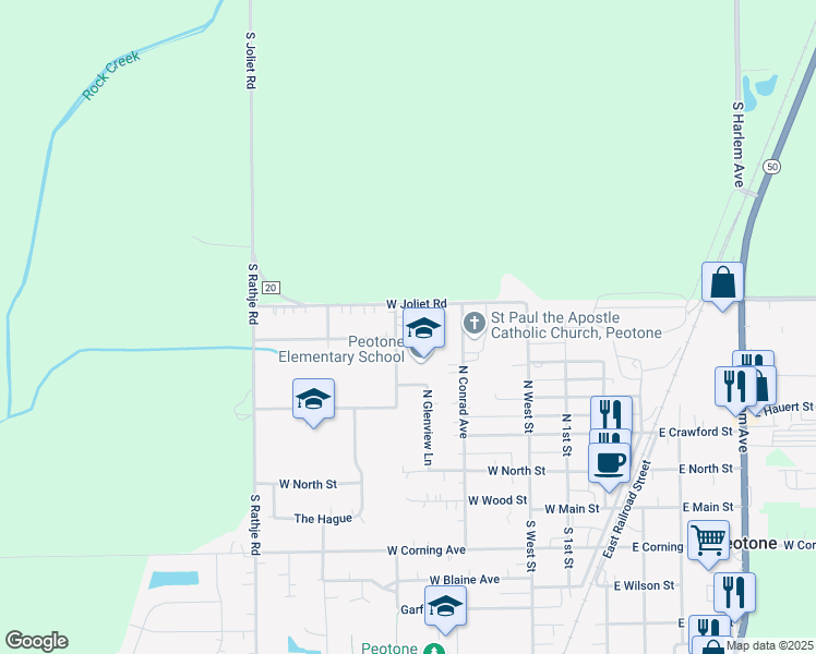 map of restaurants, bars, coffee shops, grocery stores, and more near 521 North Mill Street in Peotone