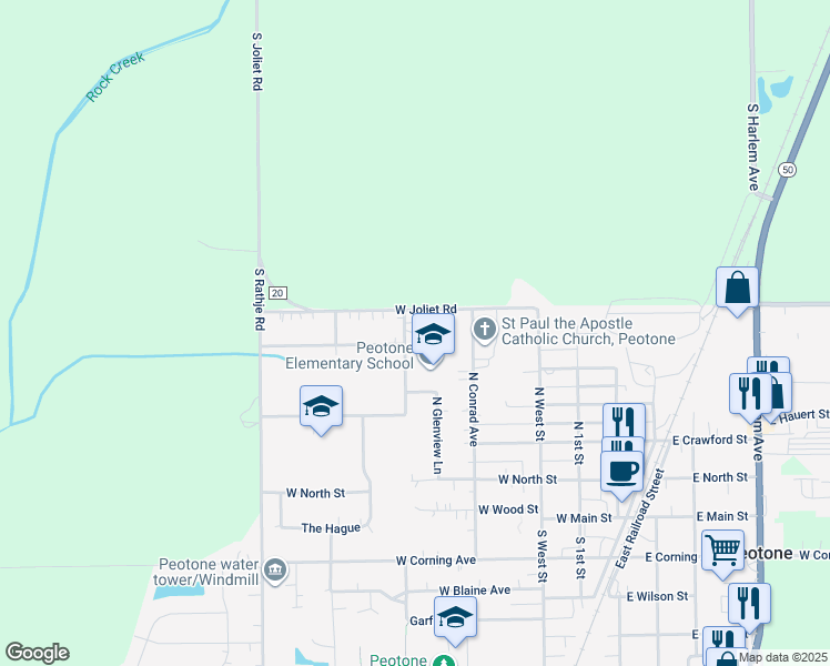 map of restaurants, bars, coffee shops, grocery stores, and more near 521 North Mill Street in Peotone