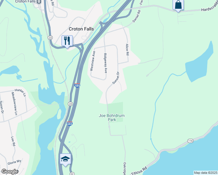 map of restaurants, bars, coffee shops, grocery stores, and more near 31 Sunset Drive in North Salem