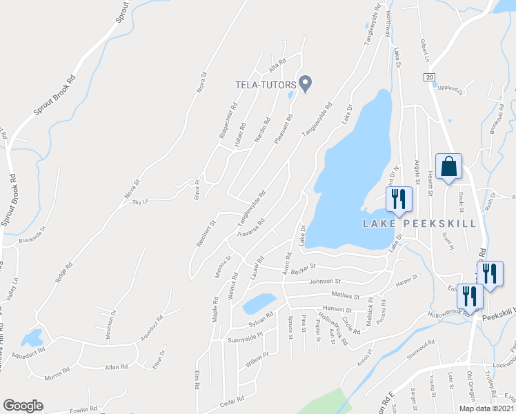 map of restaurants, bars, coffee shops, grocery stores, and more near 36 Tanglewylde Road in Putnam Valley