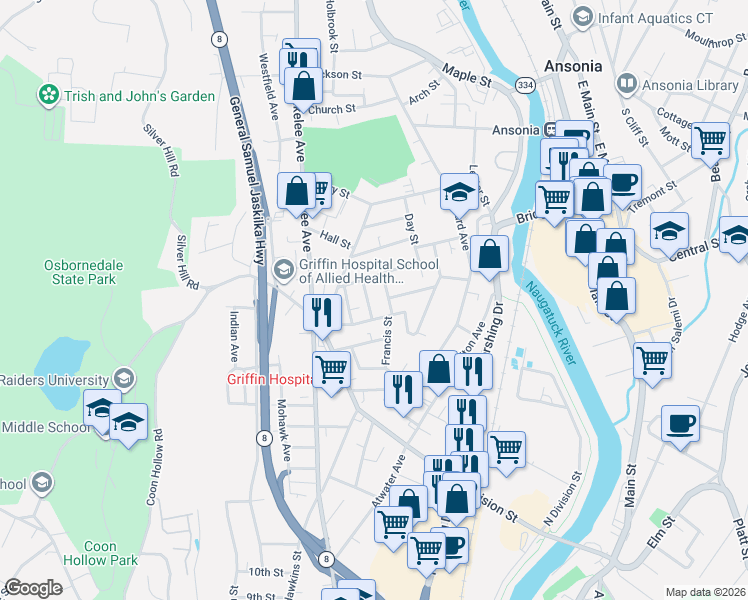 map of restaurants, bars, coffee shops, grocery stores, and more near 12 York Street in Ansonia