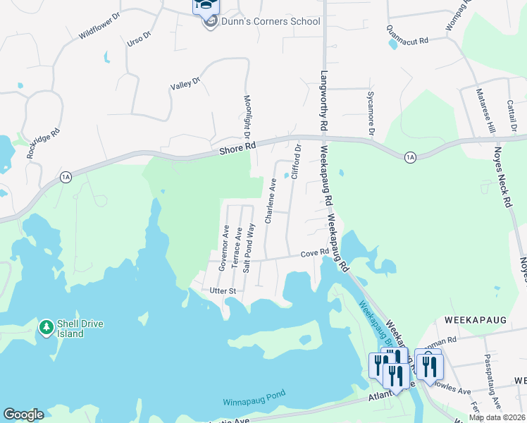 map of restaurants, bars, coffee shops, grocery stores, and more near 20 Charlene Avenue in Westerly