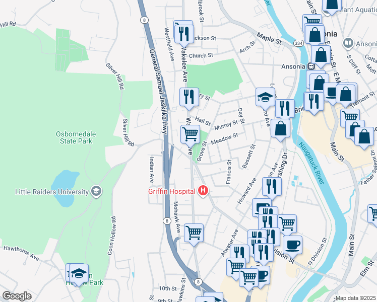 map of restaurants, bars, coffee shops, grocery stores, and more near 95 Wakelee Avenue in Ansonia