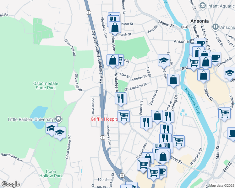map of restaurants, bars, coffee shops, grocery stores, and more near 95 Wakelee Avenue in Ansonia