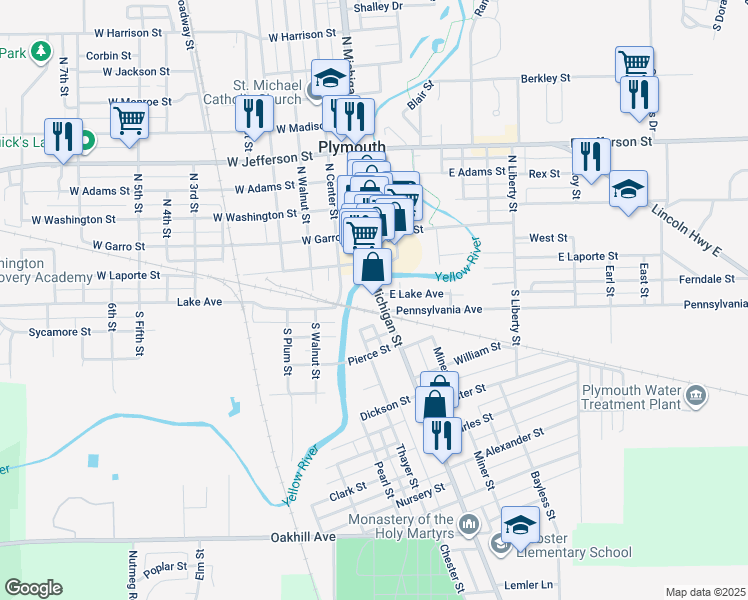 map of restaurants, bars, coffee shops, grocery stores, and more near 200 South Michigan Street in Plymouth
