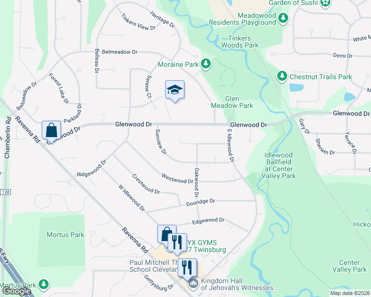 map of restaurants, bars, coffee shops, grocery stores, and more near 1836 Hillsdale Drive in Twinsburg
