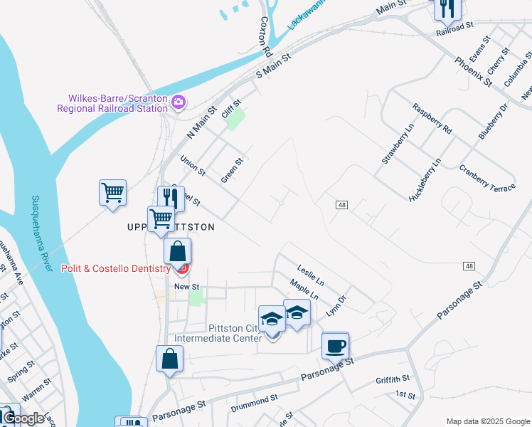 map of restaurants, bars, coffee shops, grocery stores, and more near 132 Union St in Pittston