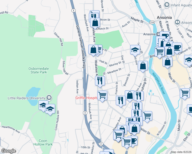 map of restaurants, bars, coffee shops, grocery stores, and more near 99 Wakelee Avenue in Ansonia