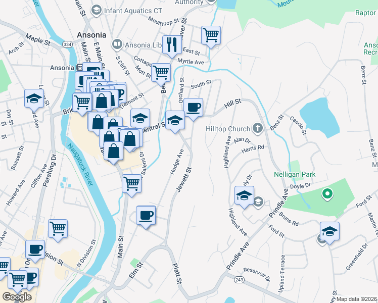 map of restaurants, bars, coffee shops, grocery stores, and more near 186 Hodge Avenue in Ansonia