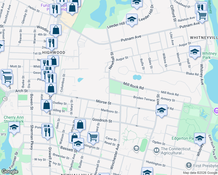 map of restaurants, bars, coffee shops, grocery stores, and more near 550 Newhall Street in Hamden