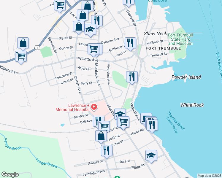 map of restaurants, bars, coffee shops, grocery stores, and more near 91 Riverview Avenue in New London