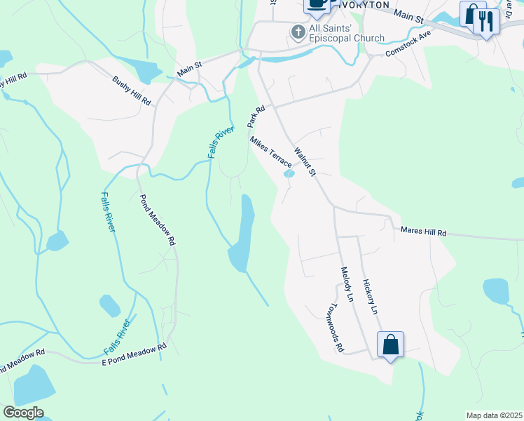 map of restaurants, bars, coffee shops, grocery stores, and more near 25 Park Road in Essex