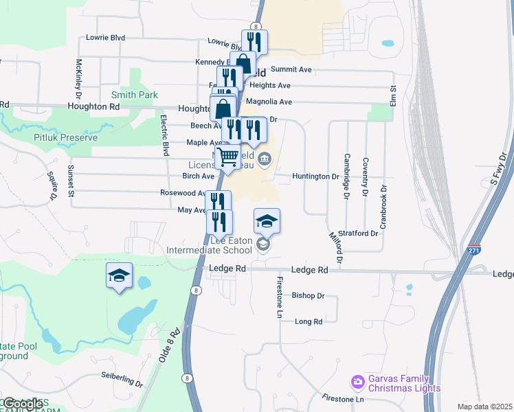 map of restaurants, bars, coffee shops, grocery stores, and more near 81 Ledge Road in Northfield