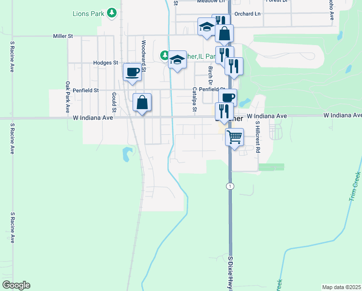 map of restaurants, bars, coffee shops, grocery stores, and more near 641 Melrose Lane in Beecher