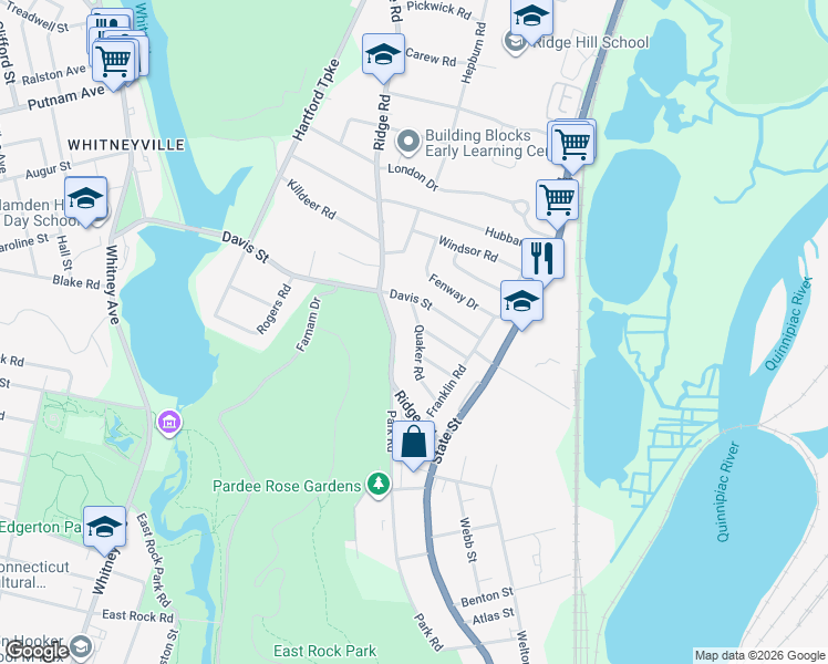map of restaurants, bars, coffee shops, grocery stores, and more near 123 Ridge Road in Hamden