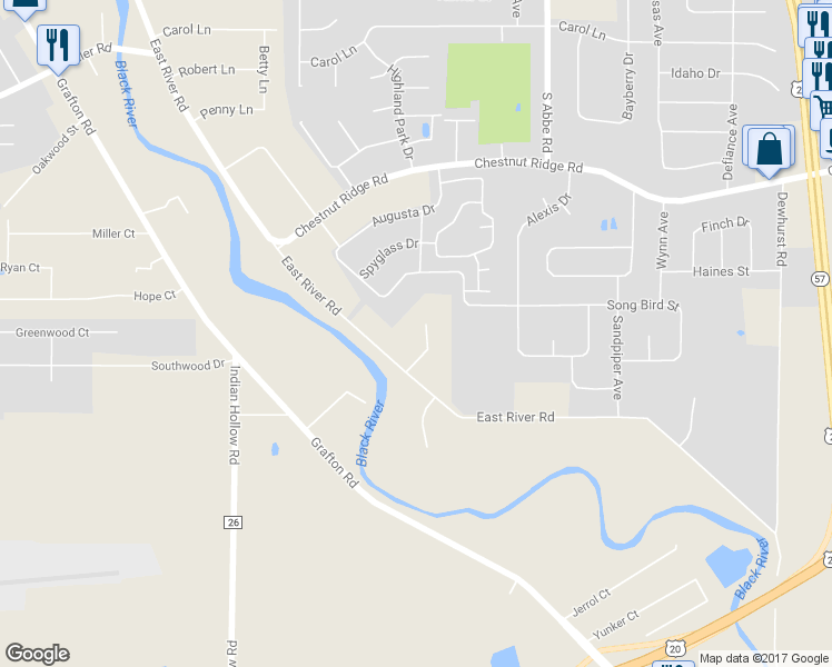 map of restaurants, bars, coffee shops, grocery stores, and more near 10312 Aspen Drive in Elyria
