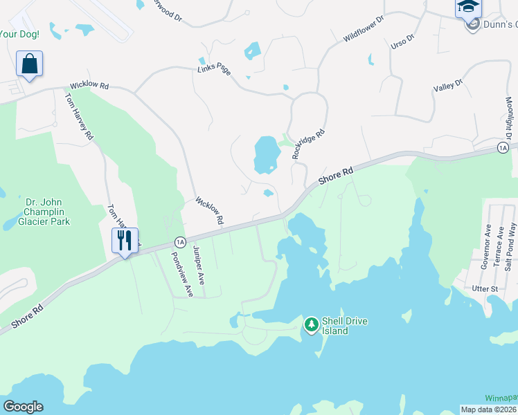 map of restaurants, bars, coffee shops, grocery stores, and more near 212 Shore Road in Westerly