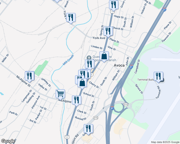 map of restaurants, bars, coffee shops, grocery stores, and more near 740 Main Street in Avoca