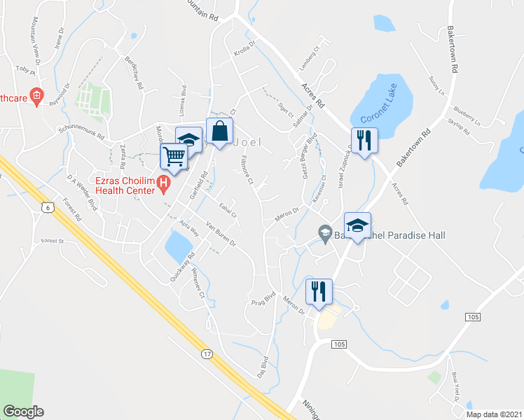 map of restaurants, bars, coffee shops, grocery stores, and more near 20 Fillmore Court in Kiryas Joel