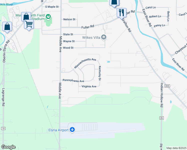 map of restaurants, bars, coffee shops, grocery stores, and more near 10425 Middle Avenue in Elyria