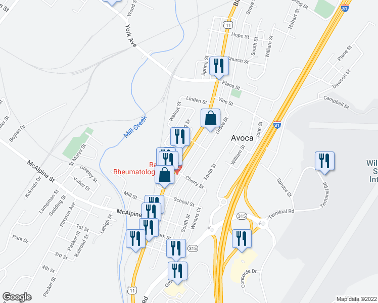 map of restaurants, bars, coffee shops, grocery stores, and more near 740 Main Street in Avoca
