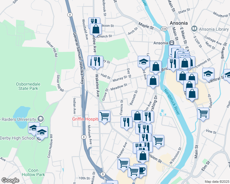 map of restaurants, bars, coffee shops, grocery stores, and more near 26 York Street in Ansonia