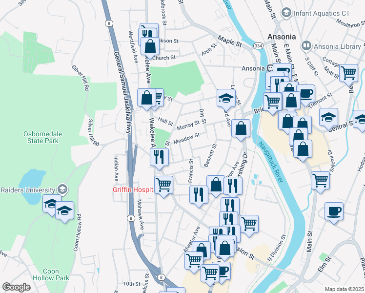 map of restaurants, bars, coffee shops, grocery stores, and more near 24 York Street in Ansonia