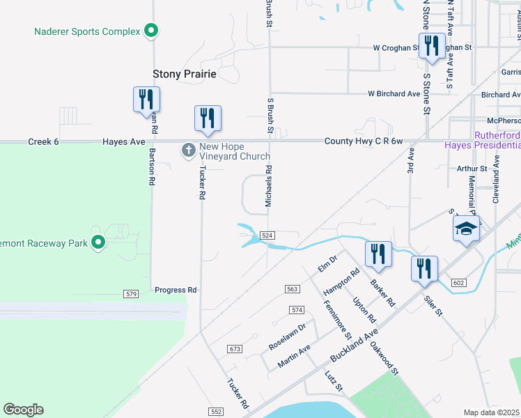 map of restaurants, bars, coffee shops, grocery stores, and more near 740 Township Highway 524 in Fremont