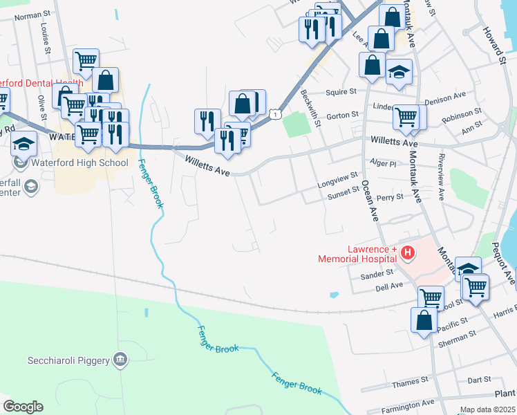 map of restaurants, bars, coffee shops, grocery stores, and more near 40 Myrock Avenue in Waterford