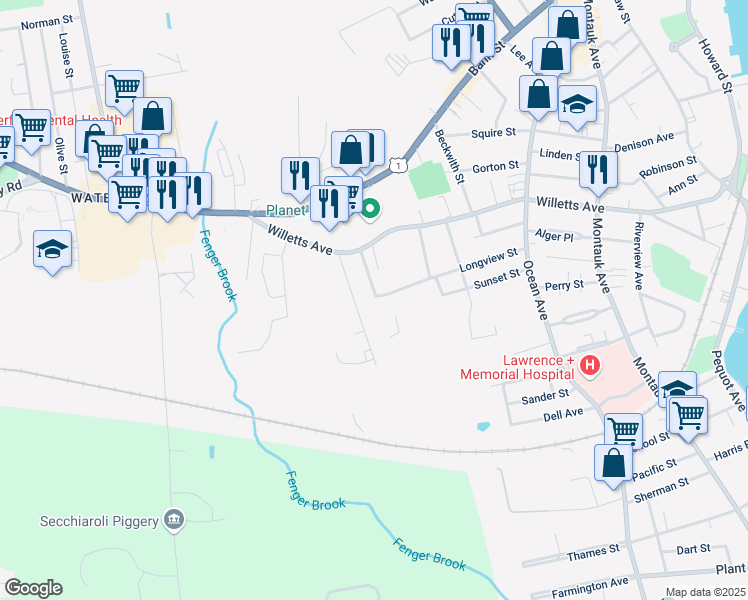 map of restaurants, bars, coffee shops, grocery stores, and more near 82 Longview Street in Waterford