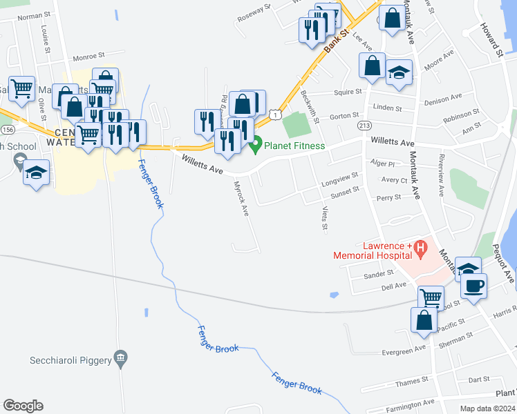 map of restaurants, bars, coffee shops, grocery stores, and more near 40 Myrock Avenue in Waterford