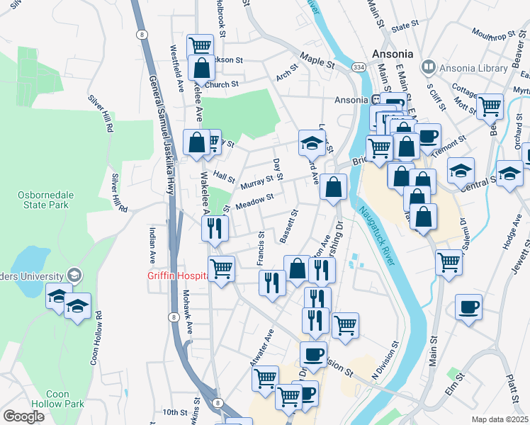 map of restaurants, bars, coffee shops, grocery stores, and more near 68 Rufus Street in Ansonia