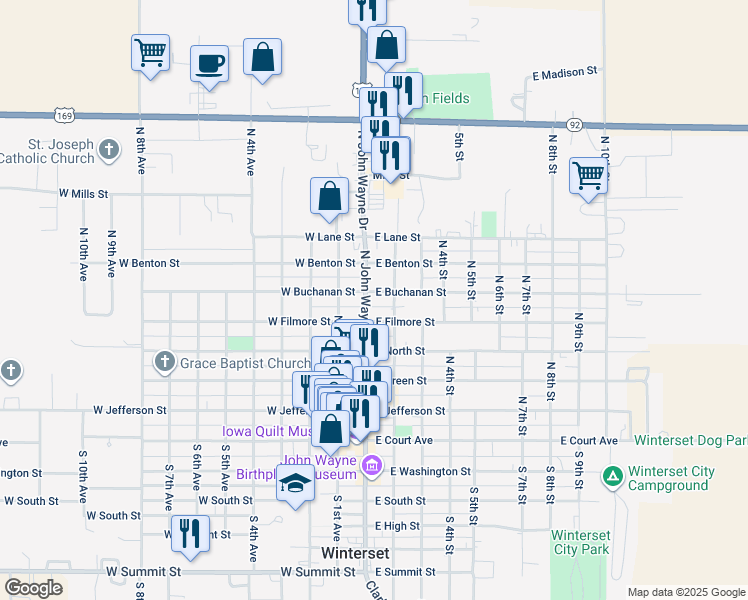map of restaurants, bars, coffee shops, grocery stores, and more near 520 North 2nd Street in Winterset