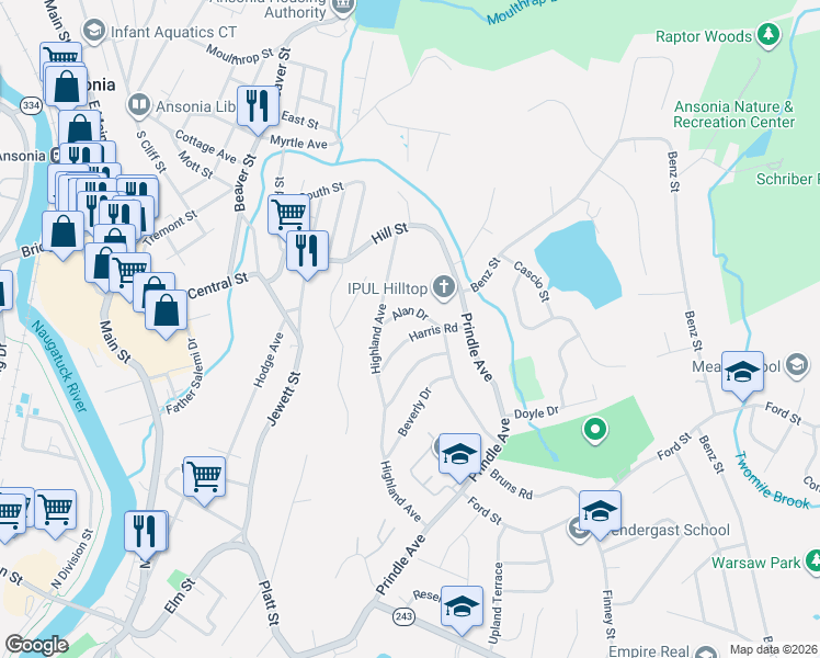 map of restaurants, bars, coffee shops, grocery stores, and more near 12 Harris Road in Ansonia