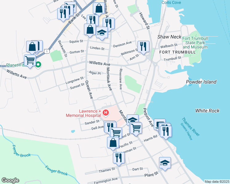 map of restaurants, bars, coffee shops, grocery stores, and more near 302 Montauk Avenue in New London